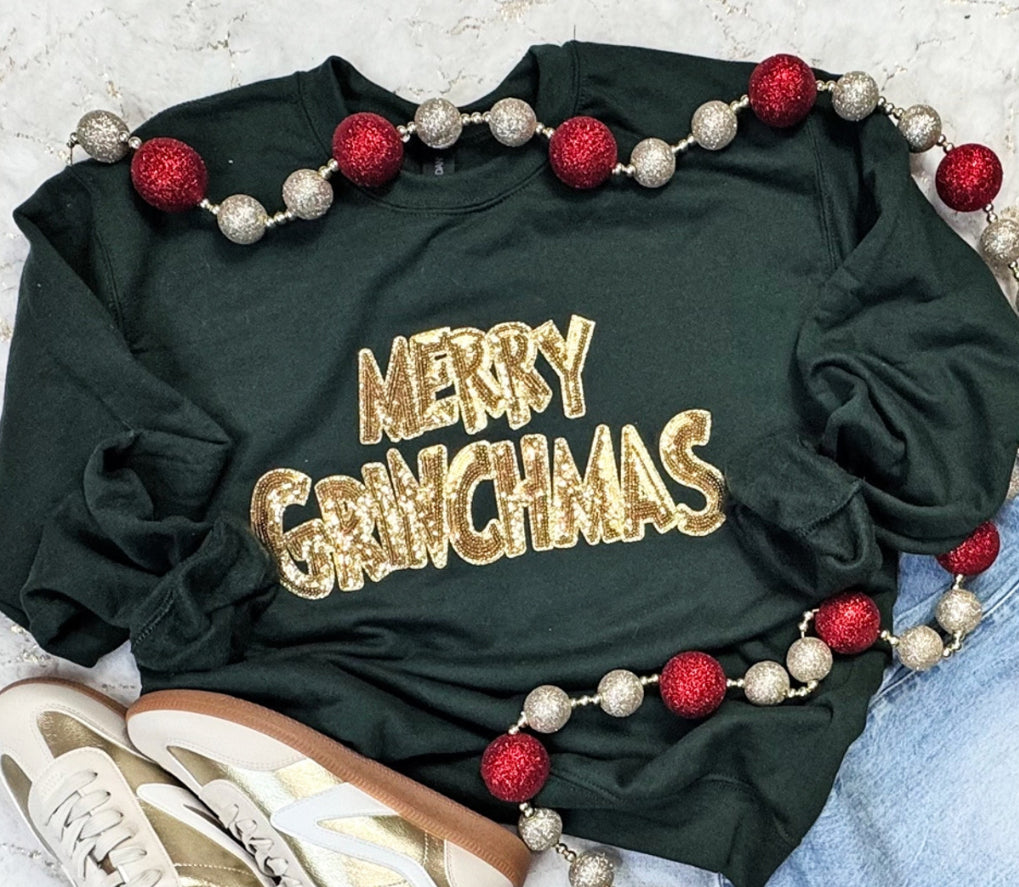 Gold Merry Grinchmas Sequin Sweatshirts (Adult)