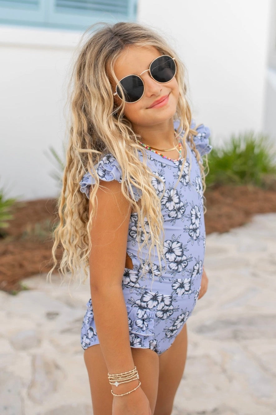 Lavender Hibiscus Open Back Swimsuit