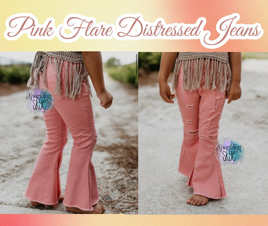 Pink Distressed Flare Jeans