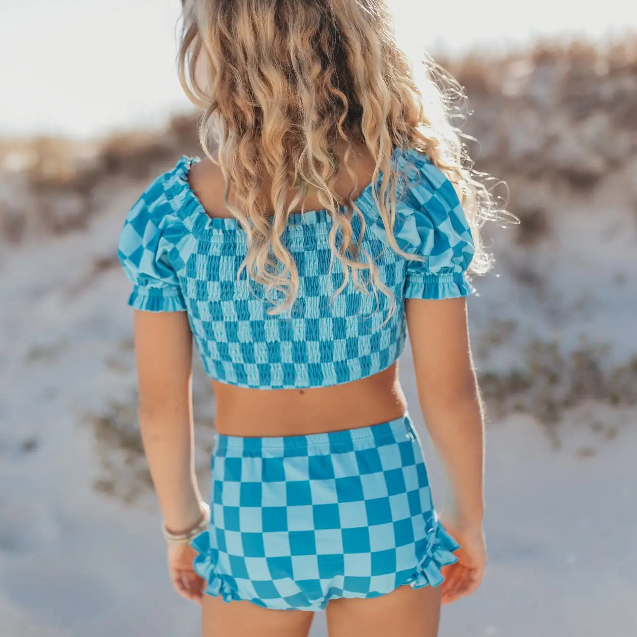 Turquoise & Blue Check Ruched Two-Piece Swim