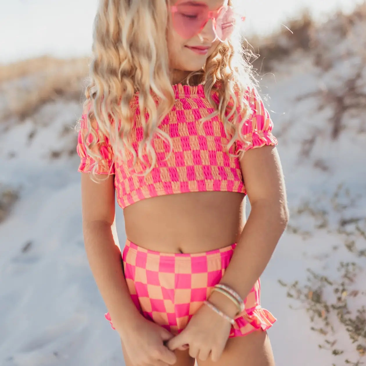 Hot Pink & Tangerine Check Ruched Two-Piece Swim