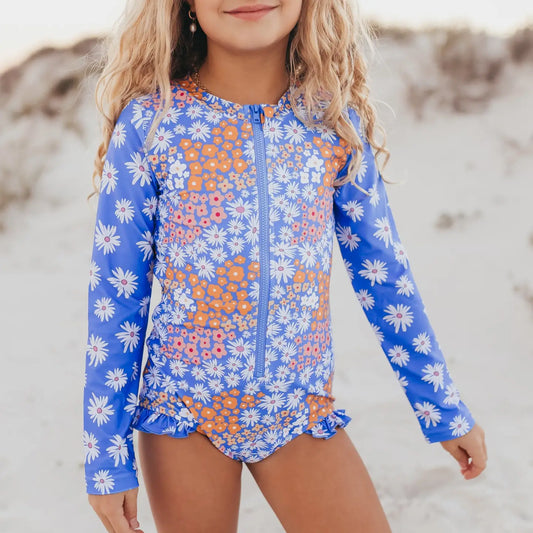 Periwinkle Daisy Zip Rash Guard Swim