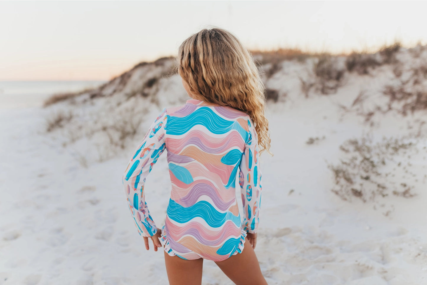 Pink Blue Surf Wave Zip Rash Guard Swim