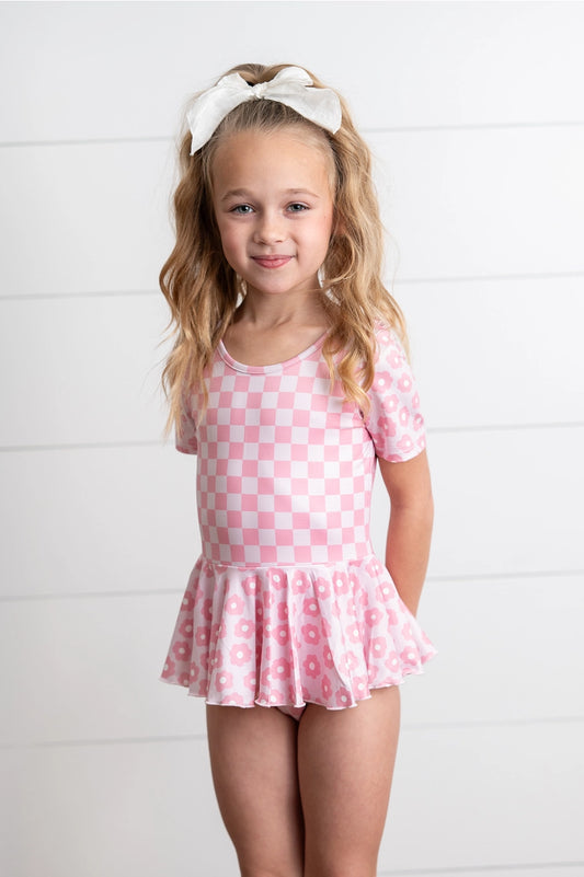 Pink Checkered Skirted Leotard